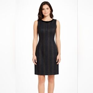 Tahari Navy Black Texture Woven Cocktail Dress | Size 4/12 | Beaded Neckline NWT